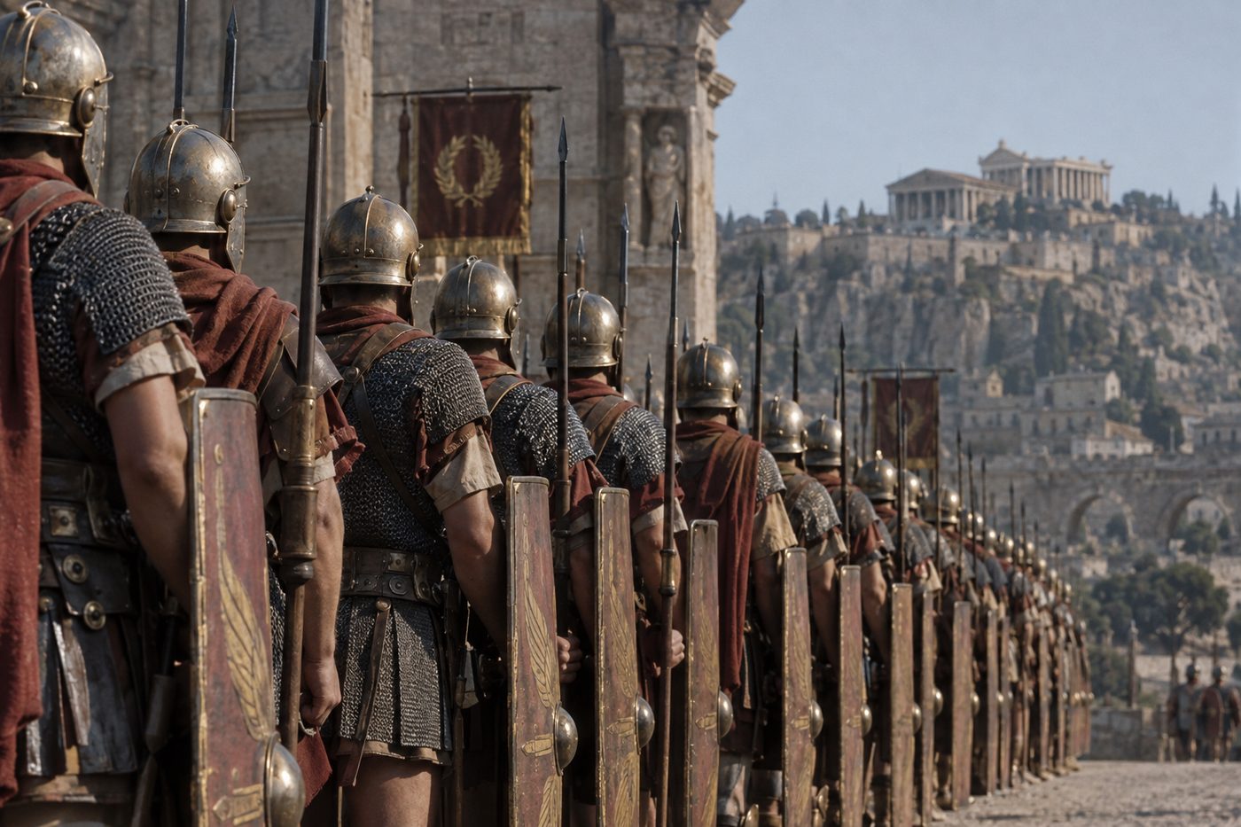Roman legionaries in formation before a city